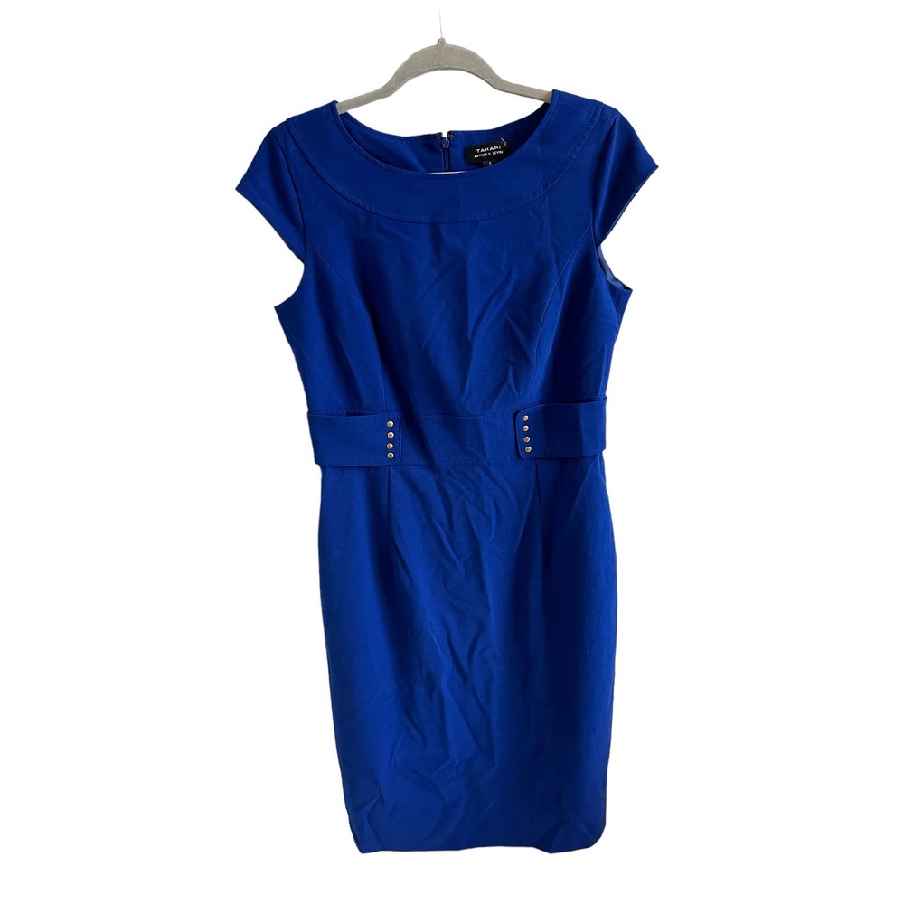 TAHARI Arthur S. Levine 8 Blue Short Sleeve Zip Up Formal Knee Length Dress